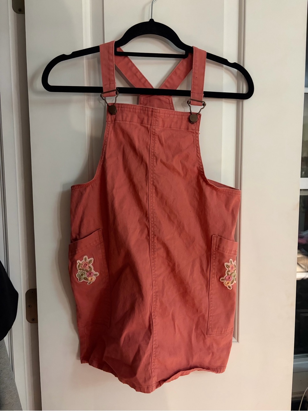 Kids Coral Pink Overall Shorts with Pocket Embroidery girls size 8 never worn